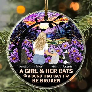 Flower Field A Girl And Her Dog And Cat - Personalized Stained Glass Ornament