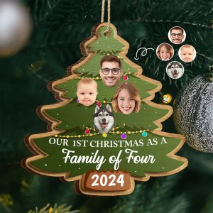 Custom Photo First Christmas As A Family Of Four Family Tree - Personalized 2-Layered Wooden Ornament